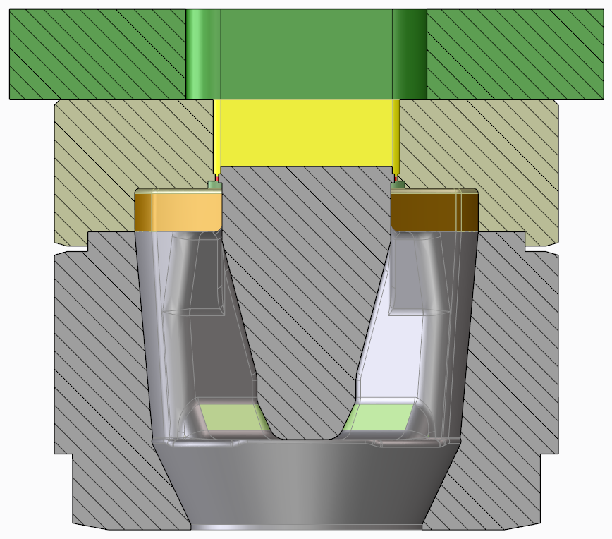Longitudinal section through a porthole die set, showing the bearing at the die exit